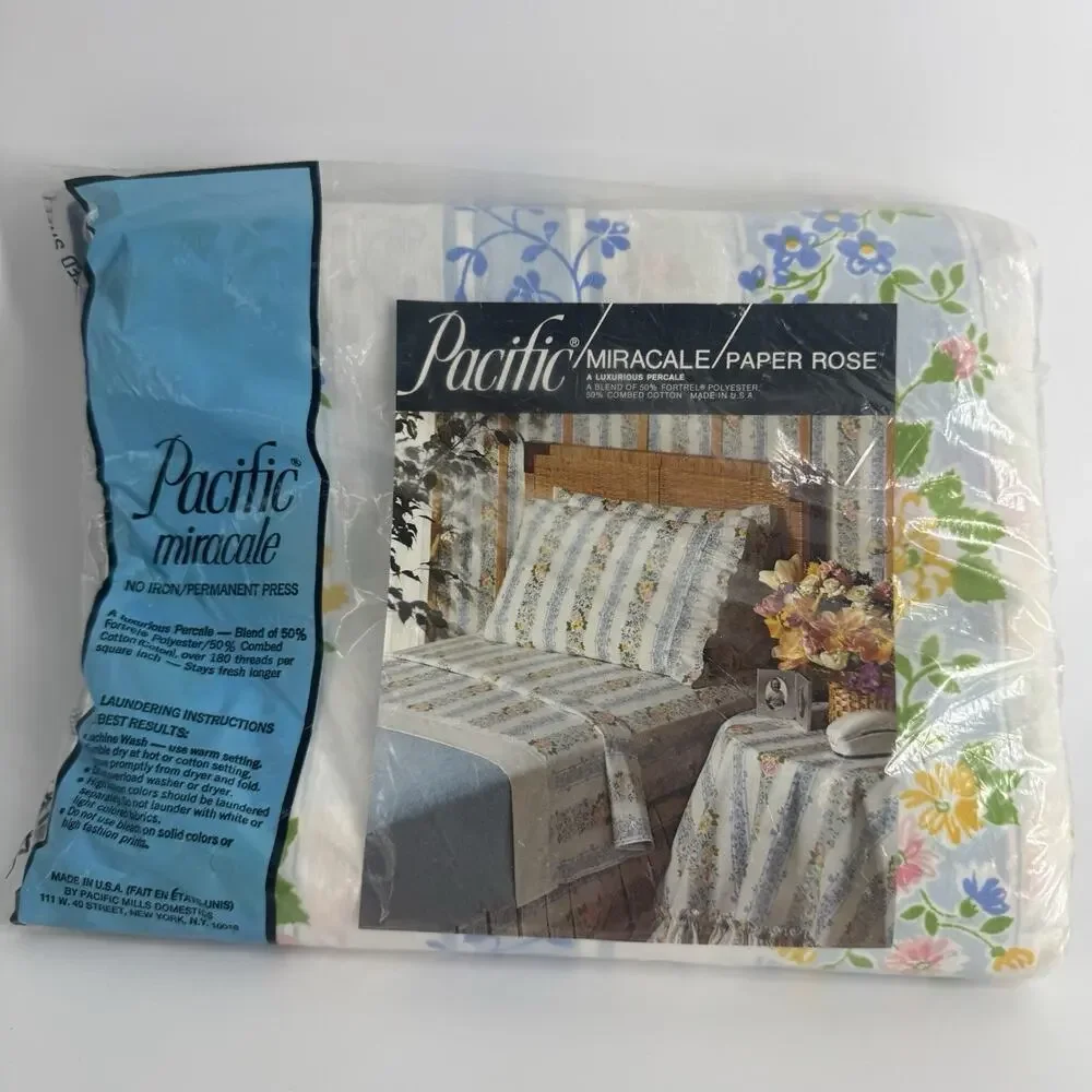 Pacific Miracale Double Fitted Sheet Paper Rose Floral BRAND NEW Vtg Linen NOS